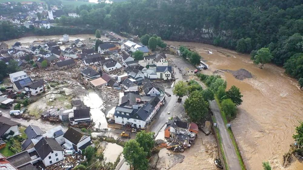 A photo, taken with a drone, shows the devastation caused by the flooding of the Ahr River in the Eifel village of Schuld, western Germany,