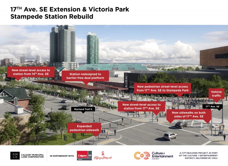 A rendering of The Victoria Park/Stampede LRT station overhaul and 17th Avenue SE extension.