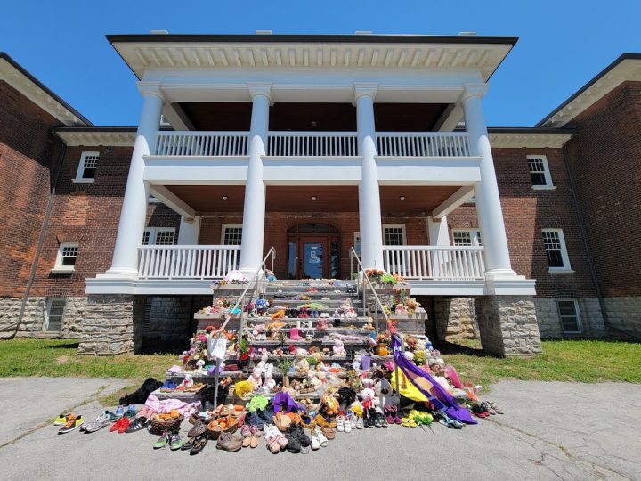 The memorial honouring missing and deceased children from residential schools is seen before it was vandalized.