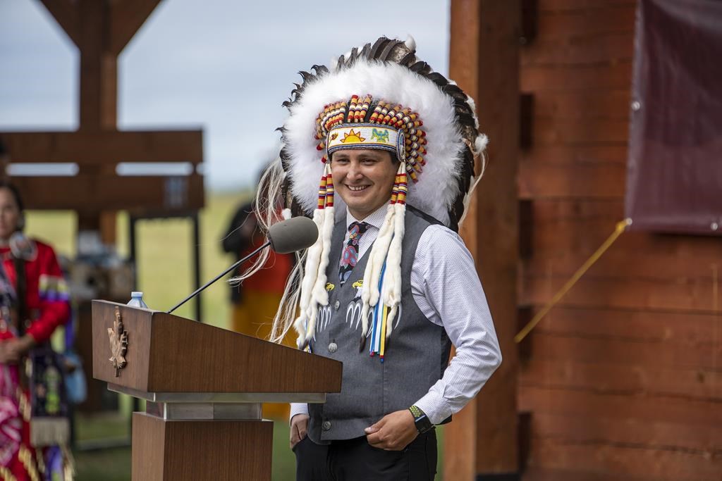 Chief Cadmus Delorme speaks during a ceremony celebrating the signing of a transfer of control over children in care to the Cowessess First Nation in Saskatchewan on Tuesday, July 6, 2021. THE CANADIAN PRESS/Liam Richards.