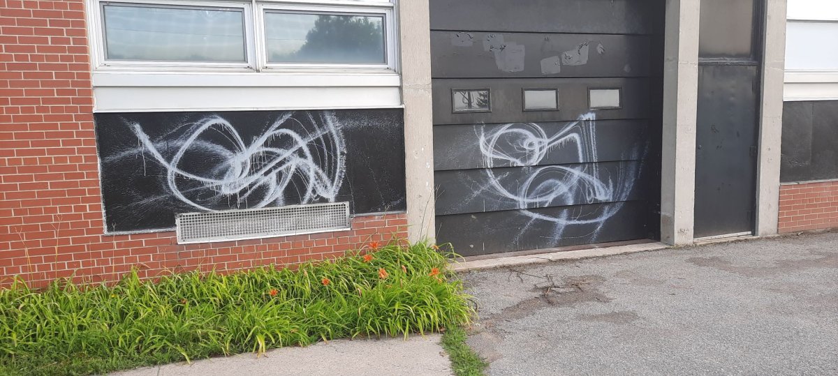 Trenton High School was spray painted with what OPP believe was a stolen industrial paint sprayer on Friday. 