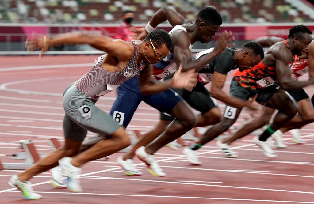 Canada’s Andre De Grasse competes in the men’s 100m heats event during the Tokyo Summer Olympic Games, in Tokyo, Saturday, July 31, 2021. De Grasse cruised into the semifinals of the men’s 100 metres, winning his heat in a season-best time of 9.91 seconds.