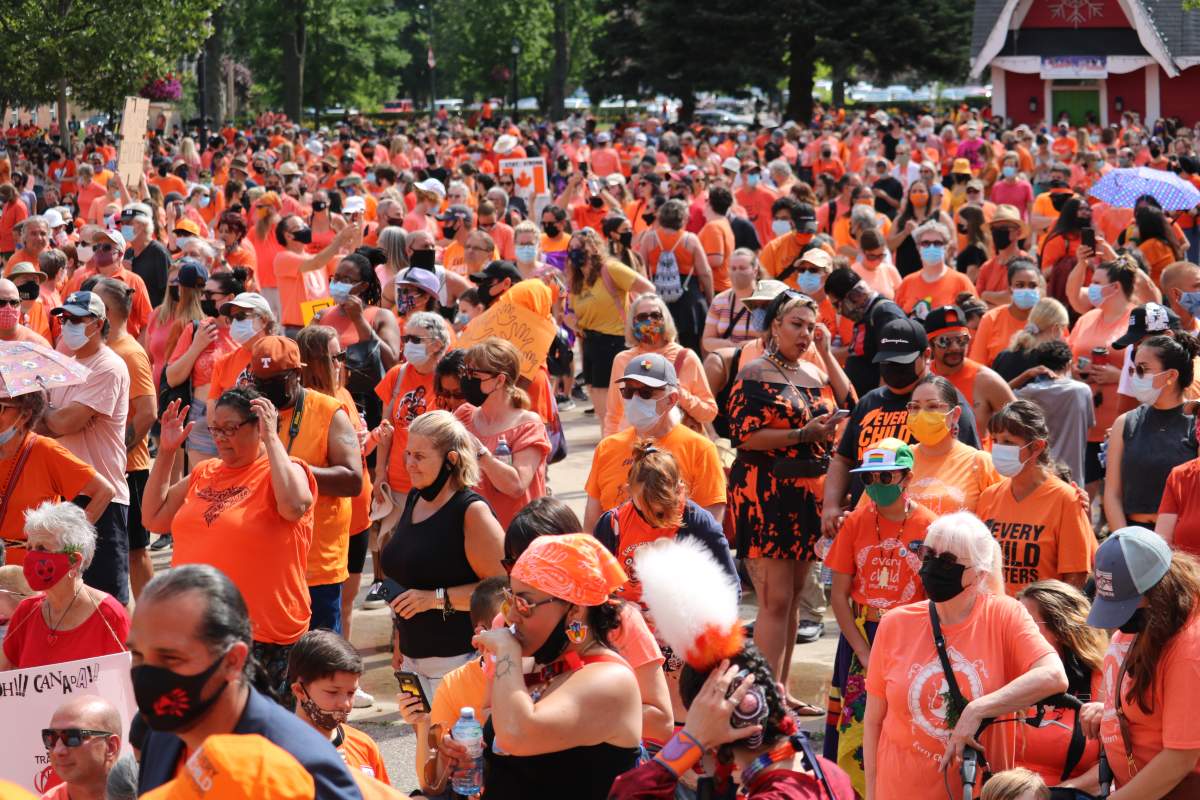 Supporters gather in London's Victoria Park for the Turtle Island Healing Walk on July 1, 2021.