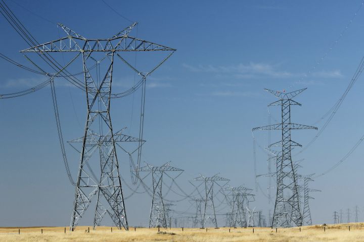 High voltage transmission power lines near Brooks, Alta., on Sept. 11, 2020.
