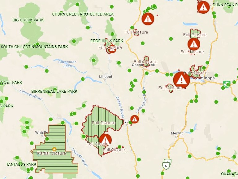 A map showing some of the park closures in the Kamloops Fire Centre on Thursday, July 8, 2021.