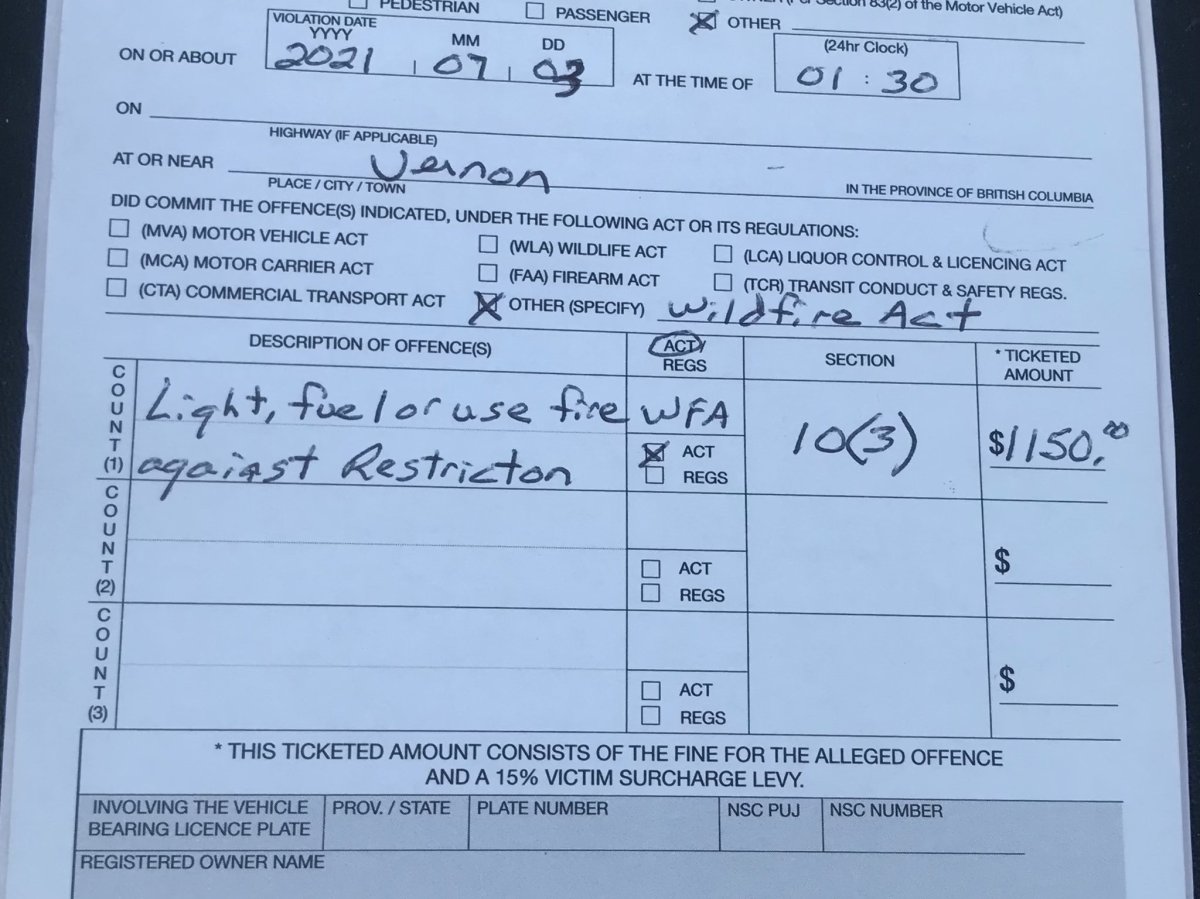 A photo of one of two $1,150 fines that were issued in the North Okanagan this past weekend for violating the province’s current campfire ban.