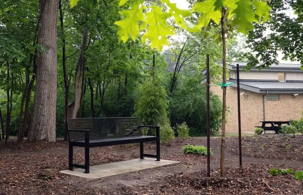 A bench and a tree were dedicated to frontline workers at Sunnybrook Health Sciences Centre in Toronto, June 18 2021.