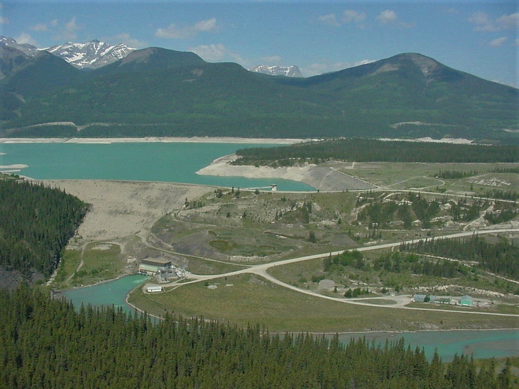 The Bighorn Dam in western Alberta, with Abraham Lake in the background and the North Saskatchewan River at the bottom.