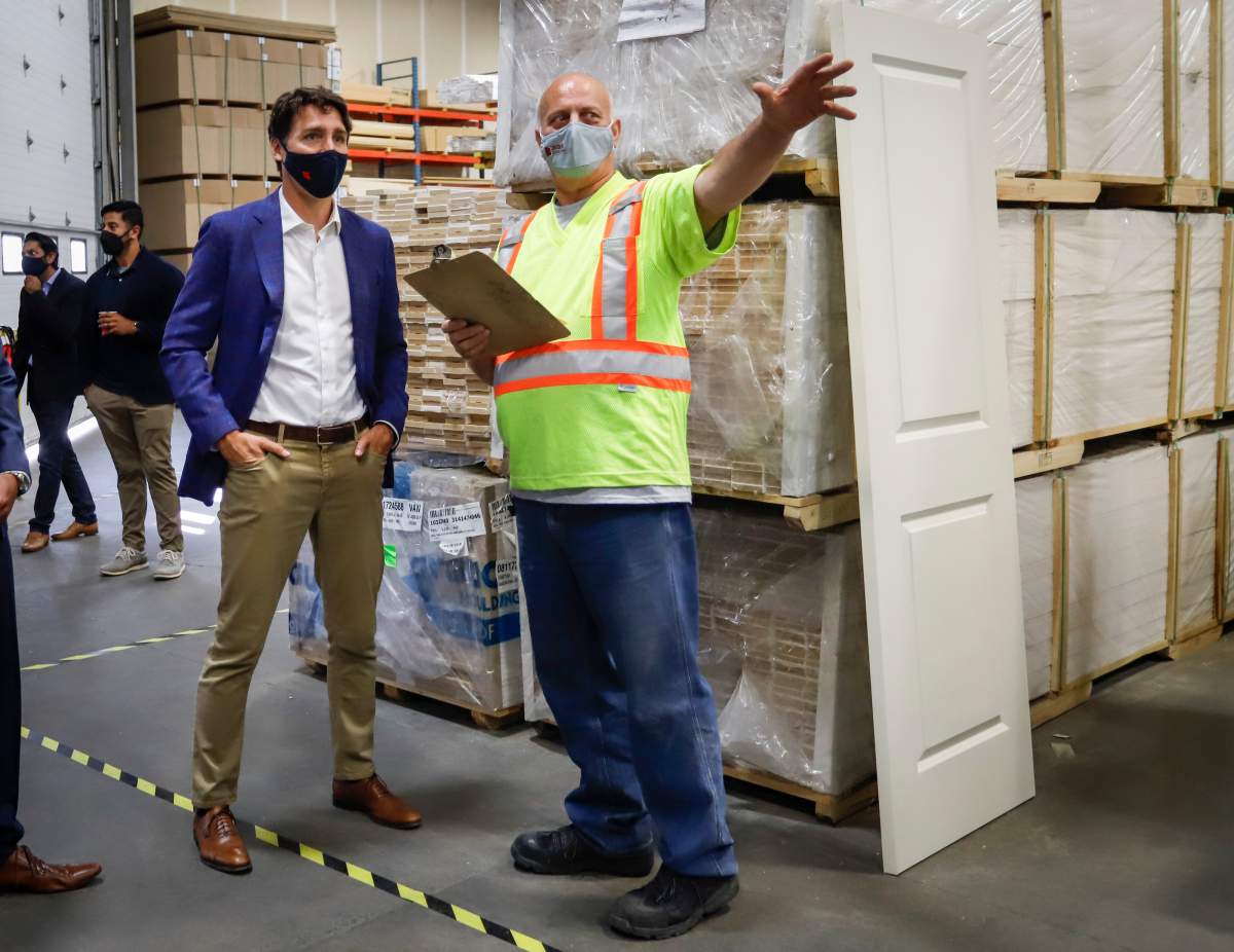 Prime Minister Justin Trudeau tours the AAA Door company in Calgary, Alta., Wednesday, July 7, 2021.