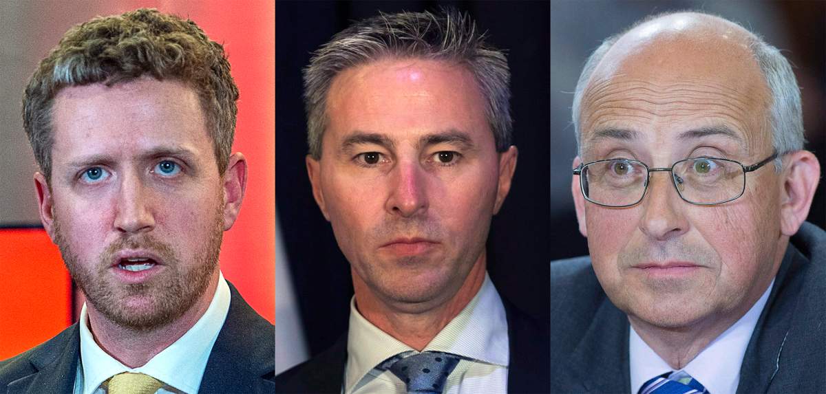 This composite image of three photographs shows, from left to right, Nova Scotia Liberal Leader and Premier Iain Rankin; Nova Scotia Progressive Conservative Leader Tim Houston; and Nova Scotia New Democratic Party Leader Gary Burrill.