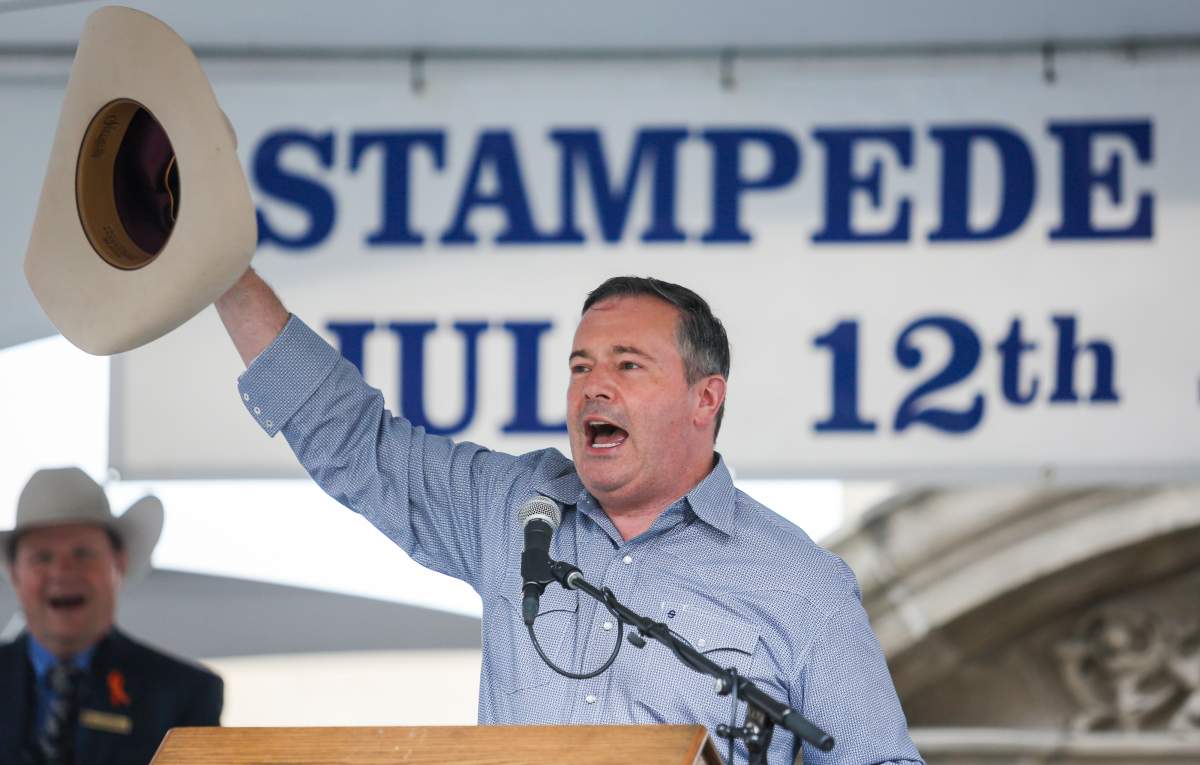Alberta Premier Jason Kenney speaks at the Premier's annual Stampede breakfast in Calgary, Alta., Monday, July 12, 2021.