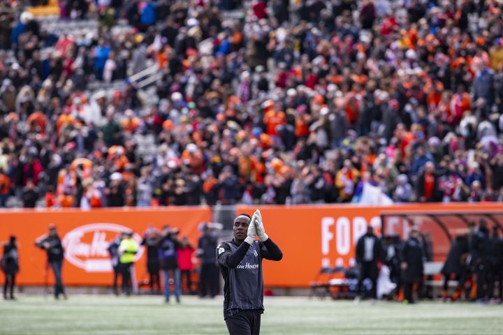 Forge FC keeper Triston Henry applauds the Forge fans following a 1-1 draw in the inaugural soccer match of the Canadian Premier League between Forge FC of Hamilton and York 9 in Hamilton, Ont. Saturday, April 27, 2019. 