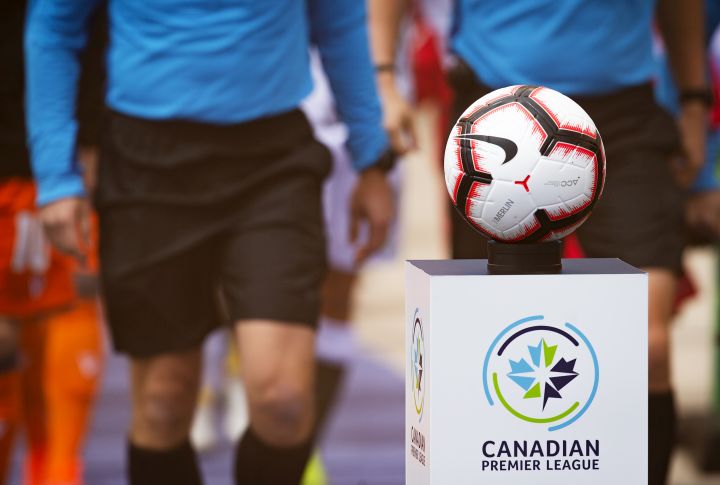 The game ball sits on a pedestal ahead of the inaugural soccer match of the Canadian Premier League between Forge FC of Hamilton and York 9 in Hamilton, Ont. Saturday, April 27, 2019. 