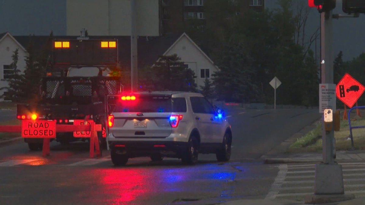 Calgary police investigate a hit-and-run involving a pedestrian on Memorial Drive, Sunday, July 4, 2021. 