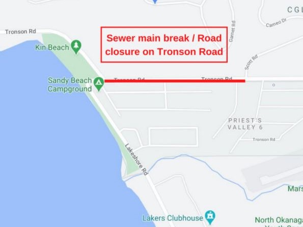 A map showing the location of the sewer pipe break along Tronson Road in Vernon on Saturday.