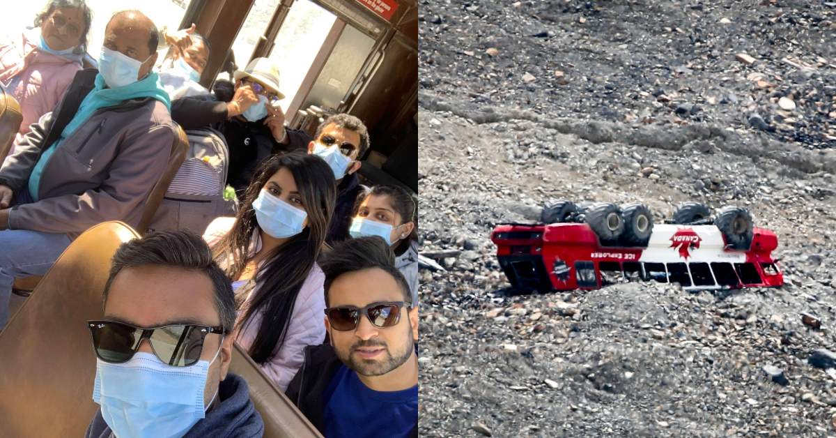 Left: Passengers inside the tour bus, and right, showing where it rolled-over on the Columbia Icefield near Jasper, Alta., Sunday, July 19, 2020.