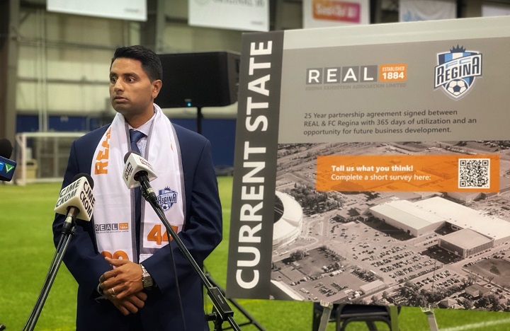 TJ Singh, FC Regina executive director, at Thursday’s announcement regarding the 25-year lease agreed upon with REAL. 