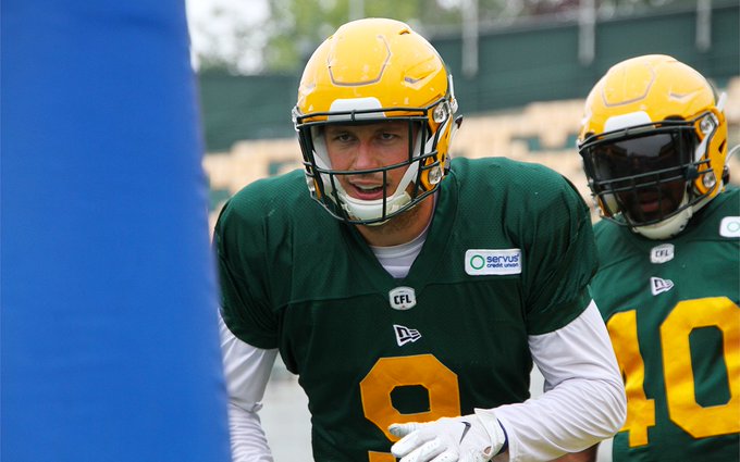 Edmonton Elks DE Mathieu Betts during 2021 training camp on The Brick Field at Commonwealth Stadium.