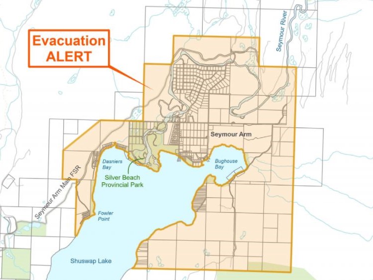 A map showing an evacuation alert that’s been issued for the community of Seymour Arm, along Shuswap Lake. A fire to the south is listed at 230 hectares and is deemed to be out of control.
