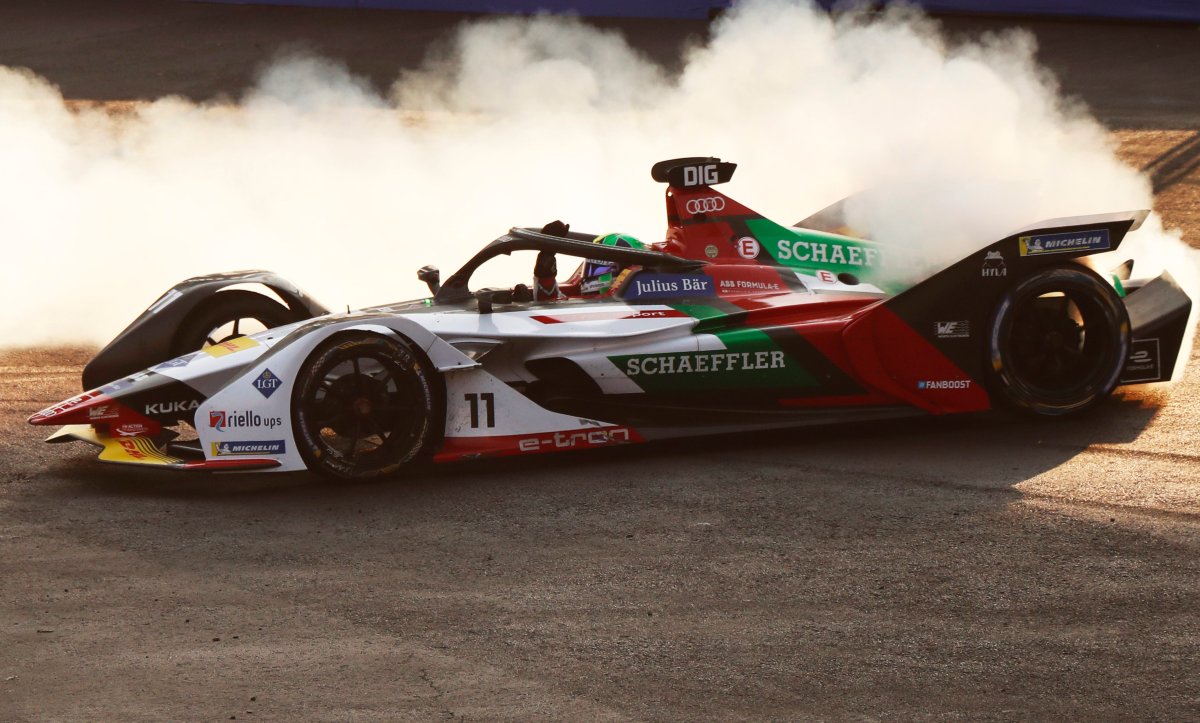 Audi Sport driver Lucas di Grassi celebrates a Formula E victory in Mexico City in 2019 by doing a big, smoky burnout.
