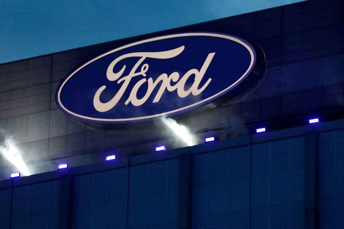 Ford Motor Company' logo is seen on the side of the building at the unveiling of their new electric F-150 Lightning outside of their headquarters in Dearborn, Michigan on May 19, 2021.
