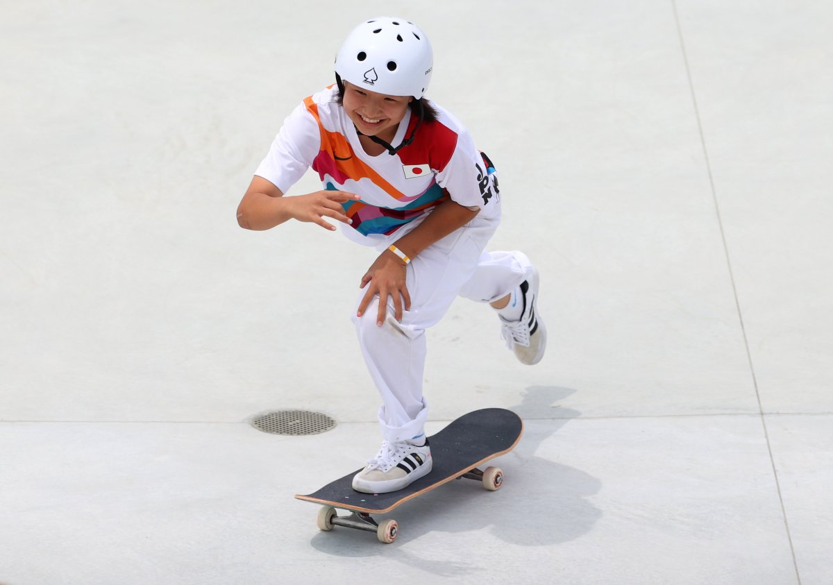 Momiji Nishiya of Team Japan competes during the Women's Street Final on day three of the Tokyo 2020 Olympic Games at Ariake Urban Sports Park on July 26, 2021 in Tokyo, Japan. 