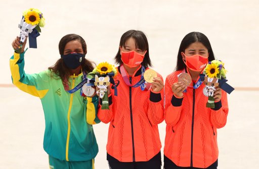 (L-R) Rayssa Leal of Team Brazil and Momiji Nishiya and Funa Nakayama of Team Japan pose with their medals during the Women’s Street Final medal ceremony on day three of the Tokyo 2020 Olympic Games at Ariake Urban Sports Park on July 26, 2021 in Tokyo, Japan.