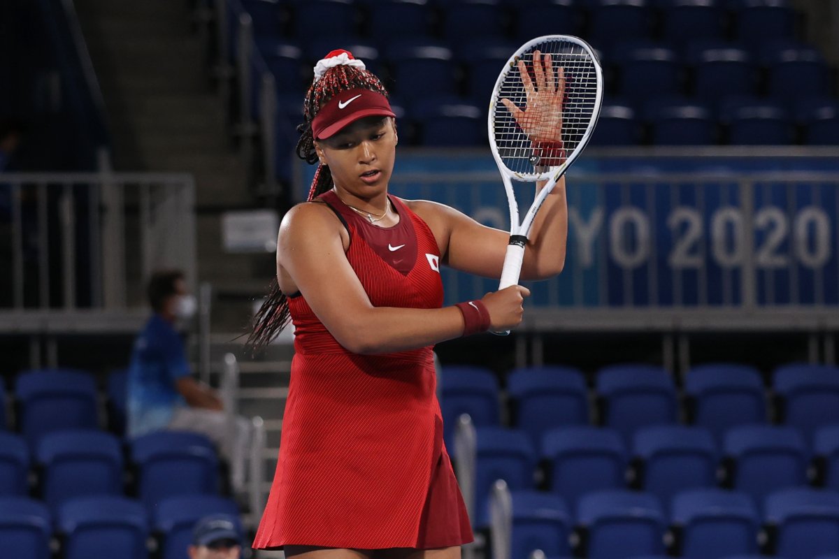 Naomi Osaka of Team Japan reacts after a point during her Women's Singles Third Round match against Marketa Vondrousova of Team Czech Republic on day four of the Tokyo 2020 Olympic Games at Ariake Tennis Park on July 27, 2021 in Tokyo, Japan. 