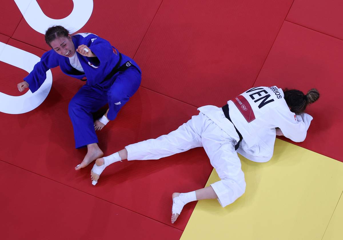 Catherine Pinard-Beauchemin of Team Canada defeats Anriquelis Barrios of Team Venezuela during the Women’s Judo 63kg Contest for Bronze Medal B on day four of the Tokyo 2020 Olympic Games at Nippon Budokan on July 27, 2021 in Tokyo, Japan.