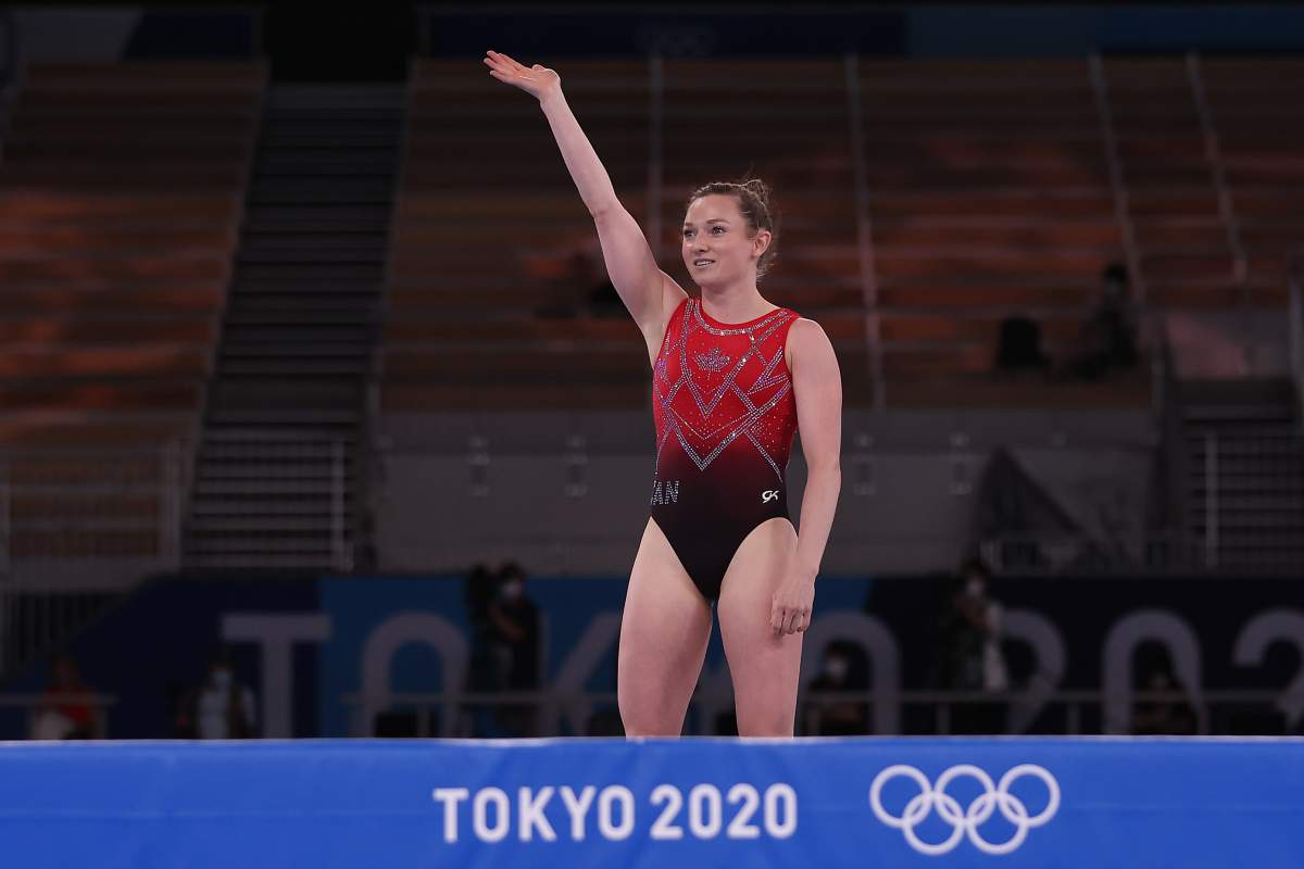 Rosannagh MacLennan of Team Canada looks on during the Women’s Trampoline Final on day seven of the Tokyo 2020 Olympic Games at Ariake Gymnastics Centre on July 30, 2021 in Tokyo, Japan.