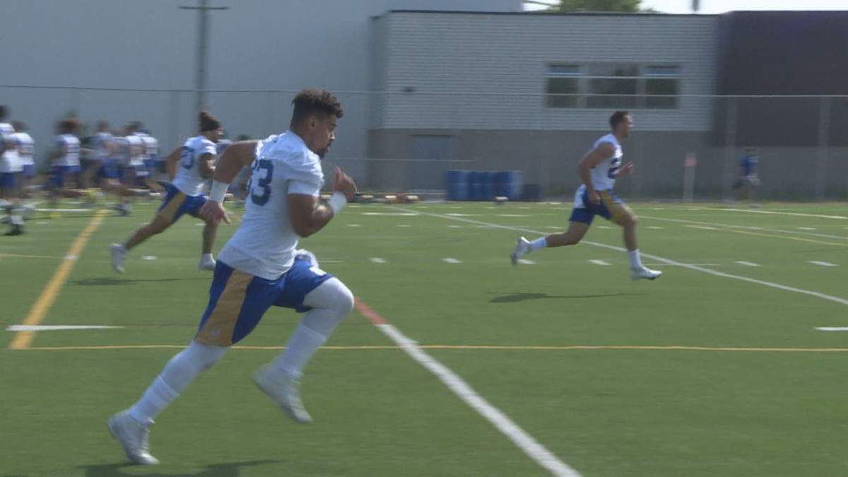 Andrew Harris running a drill during the first day of Blue Bombers’ training camp.