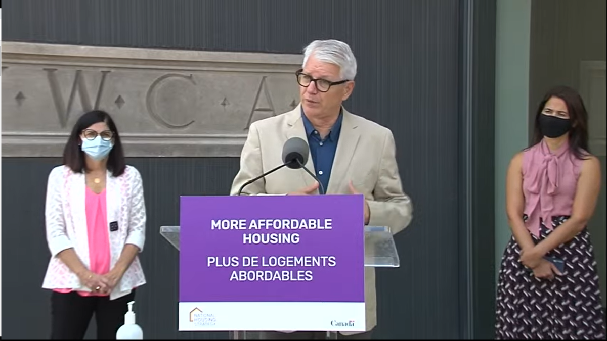 MP Adam Vaughan, parliamentary secretary for housing, responds to questions following a funding announcement in Hamilton on July 23, 2021.