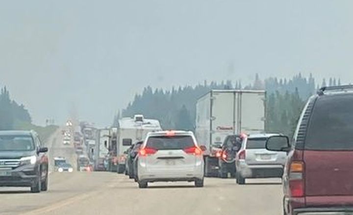 A photo showing traffic stalled on Highway 16 west of Hinton, Alta., following a fatal crash.