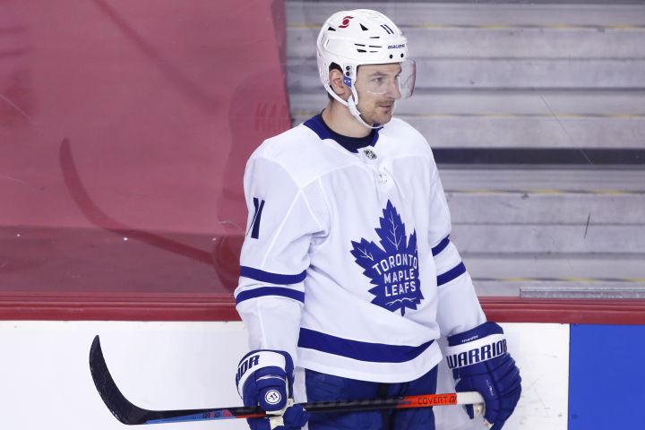 NHL profile photo on Toronto Maple Leafs player Zach Hyman at a game against the Calgary Flames in Calgary, Alta. on April 5, 2021.