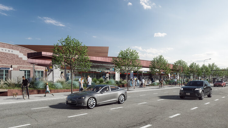 A rendering of The Victoria Park/Stampede LRT station overhaul and 17th Avenue SE extension.