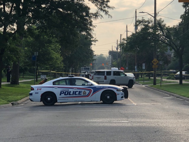 London Police have Dufferin Avenue blocked off after a shooting involving an officer Tuesday night.