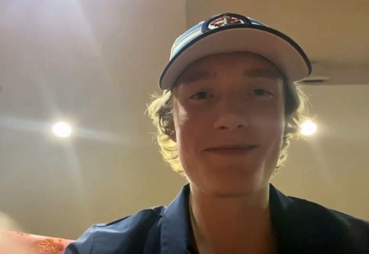 Chaz Lucius answers questions from the media after being selected by the Winnipeg Jets in 2021.