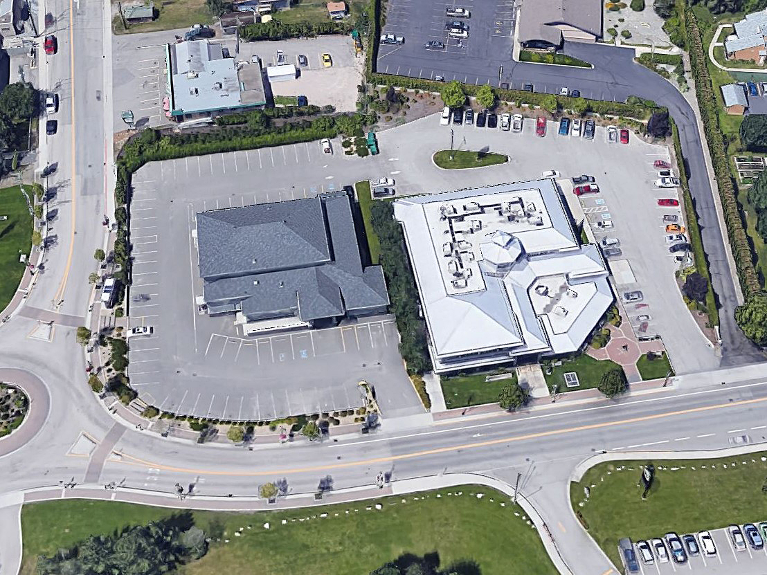 A satellite view of Winfield Memorial Hall, left, and city hall in Lake Country.
