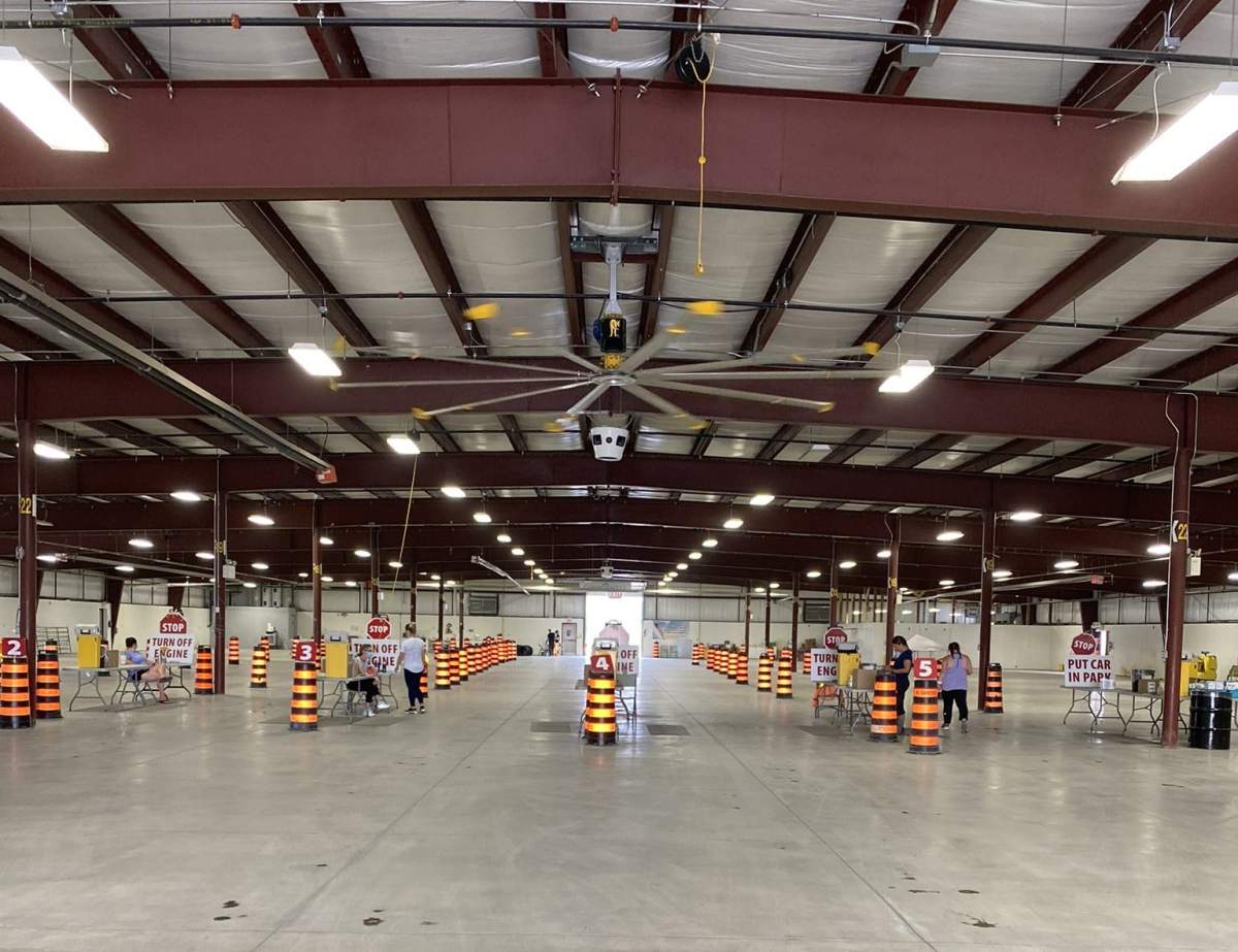 The drive-thru COVID-19 vaccination clinic at the Lindsay Exhibition fairgrounds is hosted by Ross Memorial Hospital.