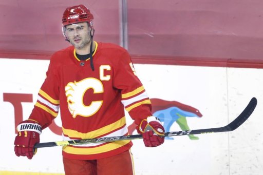 NHL profile photo on Calgary Flames player Mark Giordano at a game against the Vancouver Canucks in Calgary, Alta. on May 19, 2021.
