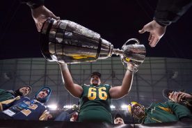 Matthew O’Donnell takes the Grey Cup into the stands with the fans following his teams win over the Ottawa Redblacks of the 103rd Grey Cup in Winnipeg, Man. Sunday, Nov. 29, 2015.