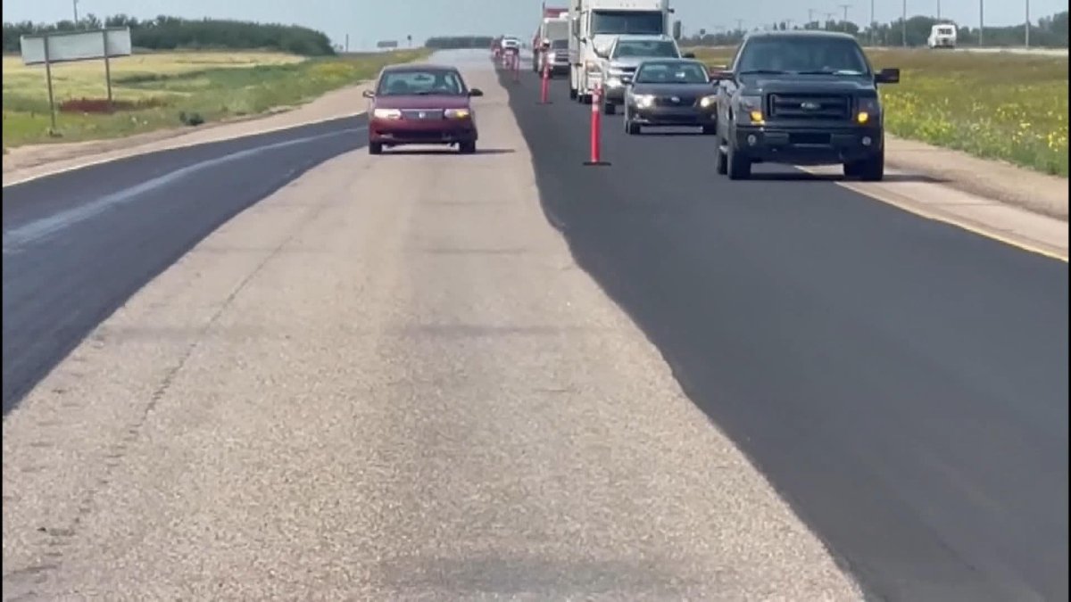 Video of the car was captured by construction workers as it blasted through pylons on Highway 16 near Maymont, Sask.