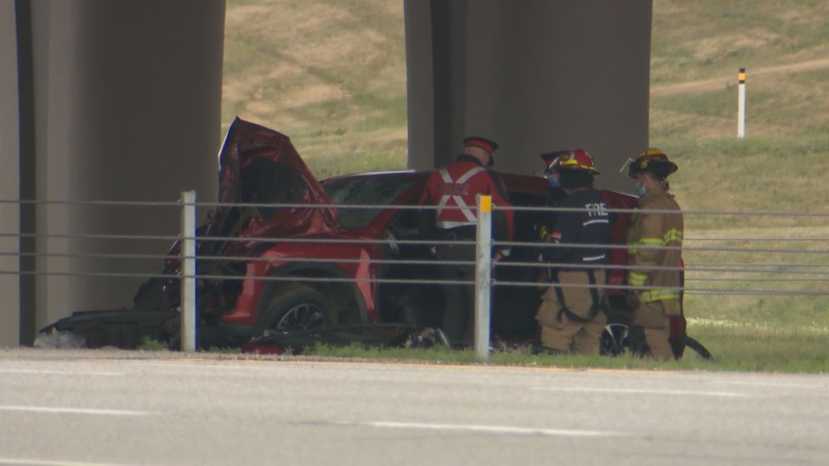 A woman was injured in a crash on Stoney Trail in Calgary on Monday, July 5, 2021.