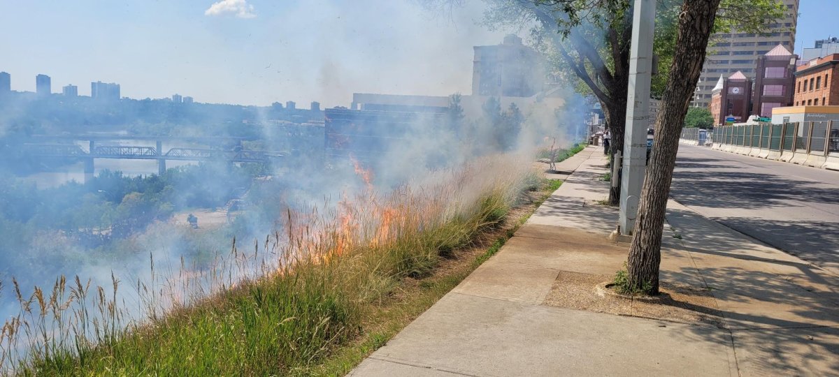 Edmonton firefighters were called to Jasper Avenue Thursday afternoon to extinguish three separate grass fires.