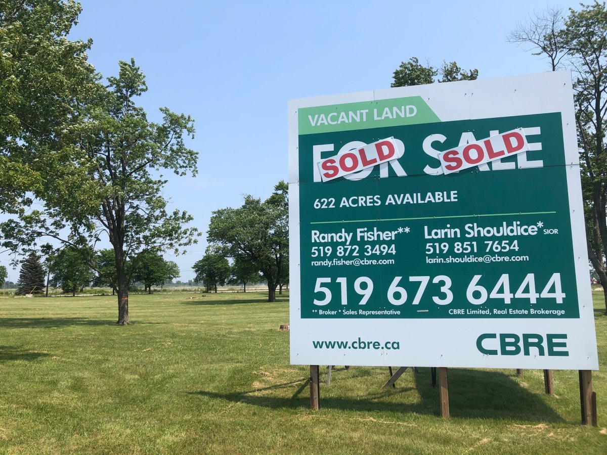 Sold signs sit outside the former Ford assembly plant in Talbotville, Ont. on July 5.