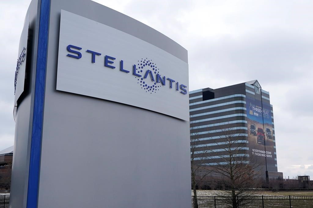 FILE - In this file photo taken on Jan. 19, 2021, the Stellantis sign is seen outside the Chrysler Technology Center in Auburn Hills, Mich. (AP Photo/Carlos Osorio, File).