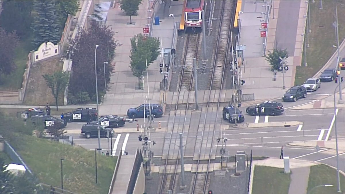 Calgary police at the Sirocco CTrain station in Calgary after getting reports of a person on a train with a weapon. 