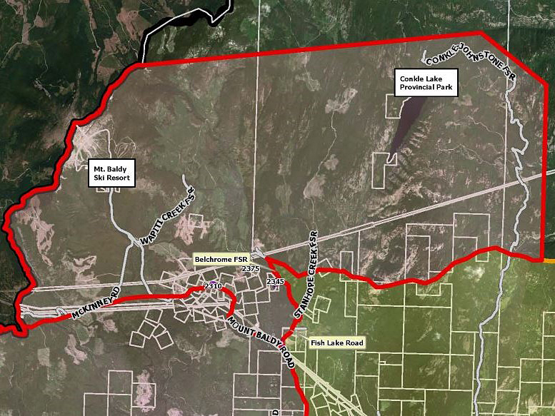 A map showing the evacuation order issued by the Regional District of Kootenay Boundary for properties in and around the Baldy Mountain neighbourhood because of the Nk’Mip Creek wildfire.