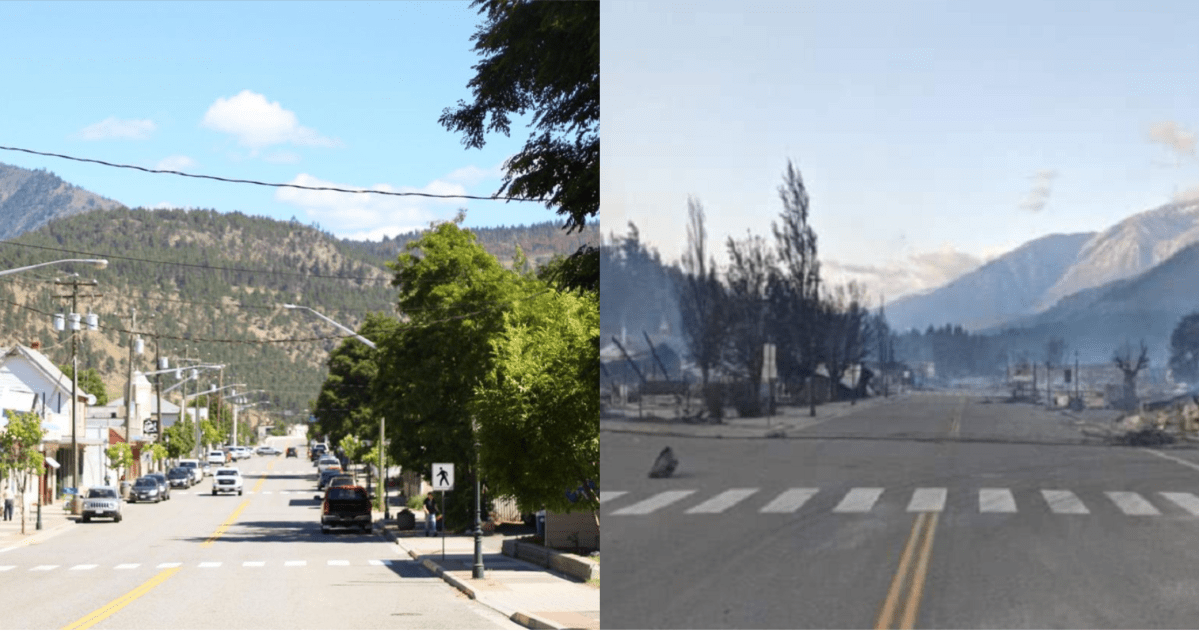 A look at downtown Lytton, B.C., before and after a fire swept through the village on June 30, 2021.