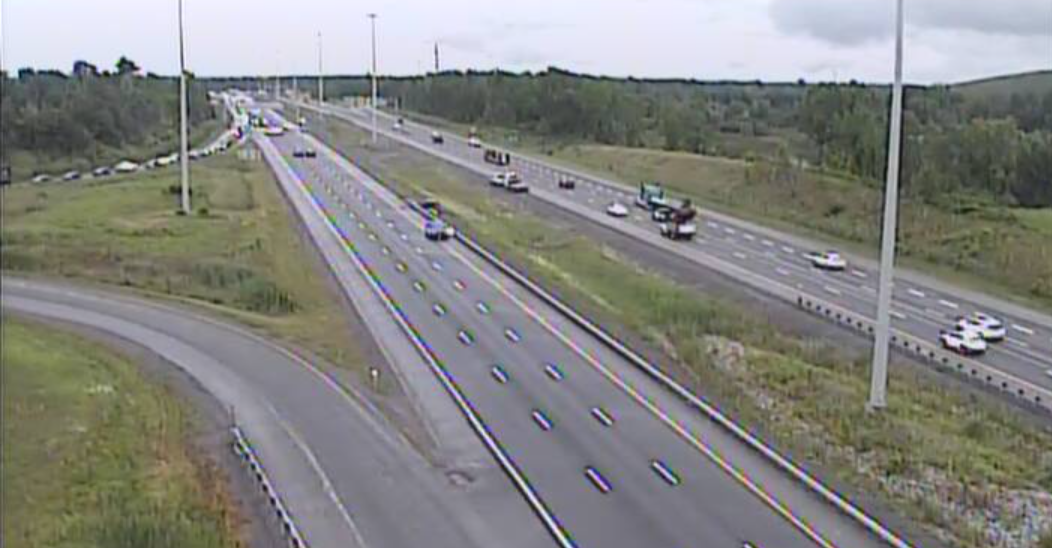 An Ontario Ministry of Transportation camera shows traffic diverted at the Carp Road exit of Highway 417 at 2:30 p.m. on Tuesday after a fatal collision off the highway.